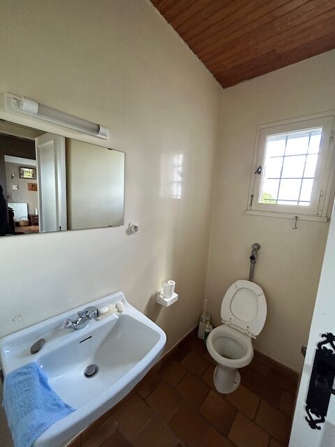 Salle de bain vintage faïence marron et petite baignoire avant travaux.